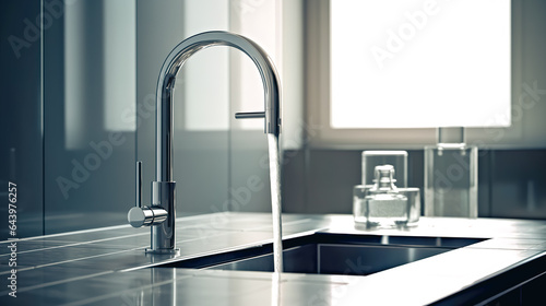 Water tap and sink in a modern kitchen interior, generative AI.