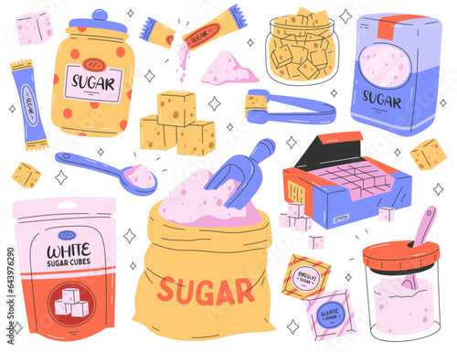 Sugar design element isolated set with cube, granulated, powdered and crystalline sweet ingredient