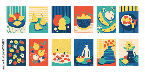 Modern still life paintings with different fruits, flower colorful backgrounds for interior set