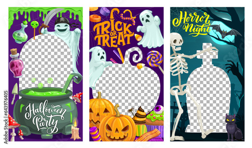 Halloween holiday social media templates with cartoon characters, slime, sweets and cemetery, vector banners. Halloween holiday frames with spooky pumpkins, skeleton, ghosts and witch potion cauldron