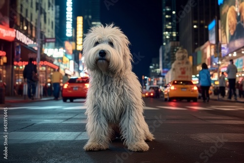 Photography in the style of pensive portraiture of a funny komondor dog yelping wearing a dinosaur costume against a bustling city street at night. With generative AI technology photo