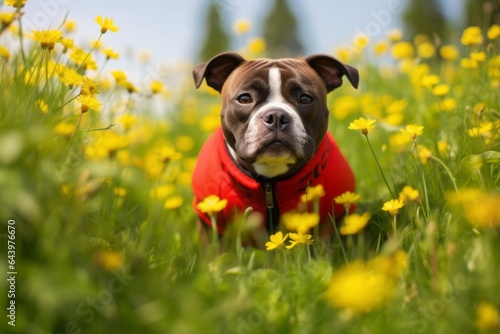 Environmental portrait photography of a funny staffordshire bull terrier sniffing around wearing a ladybug costume against a bright spring meadow. With generative AI technology
