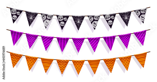 Halloween garland pennants with scary holiday ornaments. Isolated vector black  purple and orange triangular flags adorned with eerie skulls and spiderwebs  creating spooky  haunted festive atmosphere
