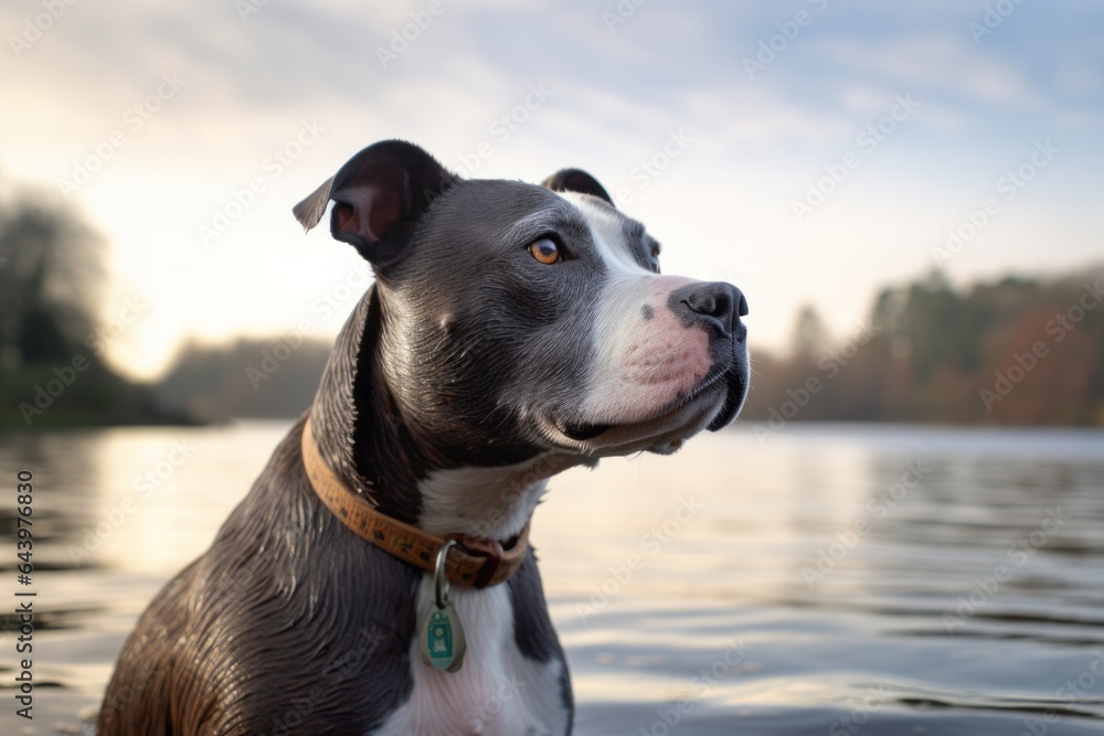 Photography in the style of pensive portraiture of a happy staffordshire bull terrier shaking water off wearing a spiked collar against a serene lakeside view. With generative AI technology