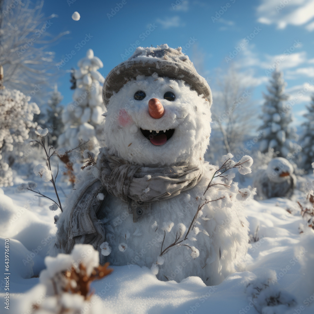 Obraz premium A white snowman is smiling in a snowy landscape