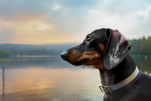 Photography in the style of pensive portraiture of a smiling dachshund whimpering wearing a unicorn horn against a serene lakeside view. With generative AI technology