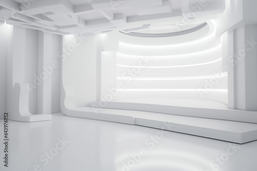 White Display mock up 3D luxury stage with LED light and simple shape decoration around it. generative AI