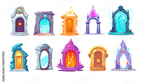 Cartoon magic portal, fantasy teleport, futuristic archway and doorway game asset isolated set