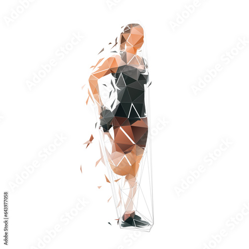 Woman stretches her thigh muscles after a workout. Low poly geometric illustration. Regeneration after running