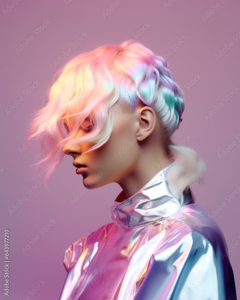 Beautiful portrait of a futuristic woman tribal warrior in weird clothing. Neon glow, iridescent, transparent plastic, hologram, holographic, vaporware rainbow texture aesthetic glitter swag fashion. Beautiful portrait of a futuristic woman tribal warrior in weird clothing. Neon glow, iridescent, transparent plastic, hologram, holographic, vaporware rainbow texture aesthetic glitter swag fashion.