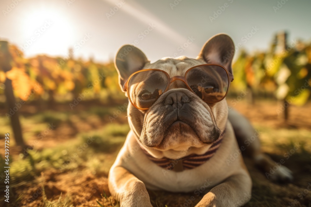 Photography in the style of pensive portraiture of a happy bulldog cuddling wearing a hipster glasses against a backdrop of rolling vineyards. With generative AI technology