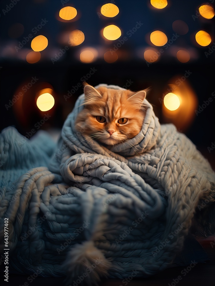 Fluffy ginger cat on cozy knitted blanket in winter decorated home interior, warm light Fluffy ginger cat on cozy knitted blanket in winter decorated home interior, warm light