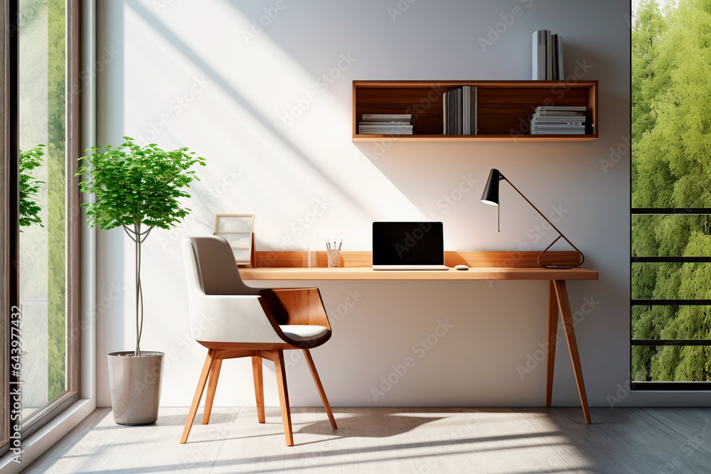 Fototapeta premium home office workspace setup with a sleek desk, ergonomic chair, minimalist decor and natural light