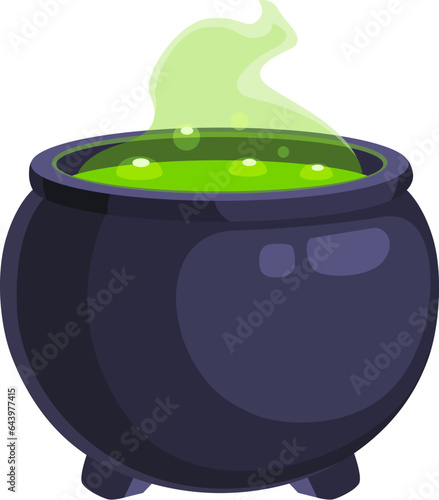 Cartoon Halloween witch cauldron with green brew. Isolated vector mystical pot simmers, brimming with ominous bubbling liquid concoction, emitting an eerie otherworldly glow, mystic potent properties