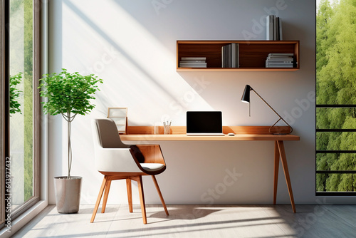 home office workspace setup with a sleek desk, ergonomic chair, minimalist decor and natural light