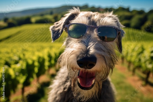 Medium shot portrait photography of a cute irish wolfhound dog yelping wearing a trendy sunglasses against a backdrop of rolling vineyards. With generative AI technology photo