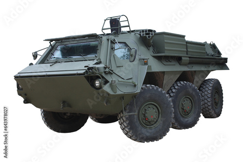 A Large Dark Green Military Armoured Vehicle.