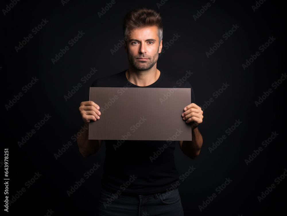 Man holding blank poster on black background. Man holding blank poster on black background.