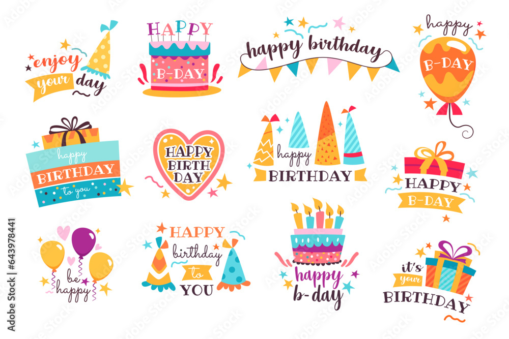 Happy birthday party celebration logo badge with gift, balloon, sweet cake, festive cap decor set Happy birthday party celebration logo badge with gift, balloon, sweet cake, festive cap decor set