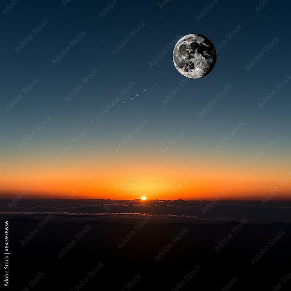 From high above the Earth, the sun slowly rises over the horizon, and the moon slowly descends From high above the Earth, the sun slowly rises over the horizon, and the moon slowly descends