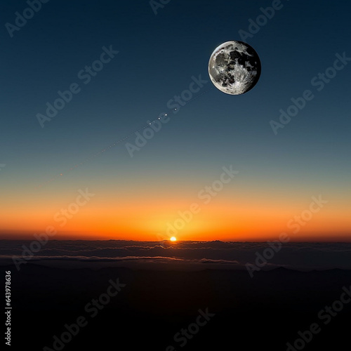 From high above the Earth  the sun slowly rises over the horizon  and the moon slowly descends 