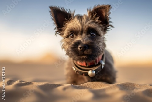 Close-up portrait photography of a curious cairn terrier fetching ball wearing a spiked collar against a backdrop of desert dunes. With generative AI technology © Markus Schröder