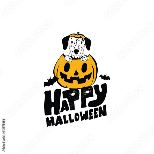Happy Halloween postcard with Dalmatian dog peeking out from the pumpkin. Dog head in pumpkin with paws. October hand-drawn calligraphy with halloween funny icons. Festive Creative Halloween Art Work.