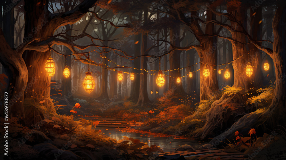Halloween Background with Lanterns in Dark Forest in Spooky Night. Generative AI.