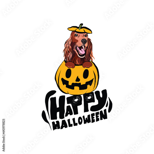 Happy Halloween postcard with Irish setter dog peeking out from the pumpkin. Dog head in pumpkin with paws. October hand-drawn calligraphy with halloween funny icons. Festive Creative Halloween Art