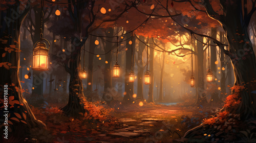 Halloween Background with Lanterns in Dark Forest in Spooky Night. Generative AI. © Alena