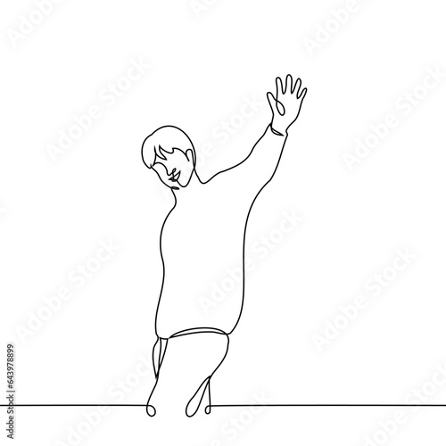 man walking away or passing by smiles and waves his hand - one line art vector. the concept say goodbye, say hello