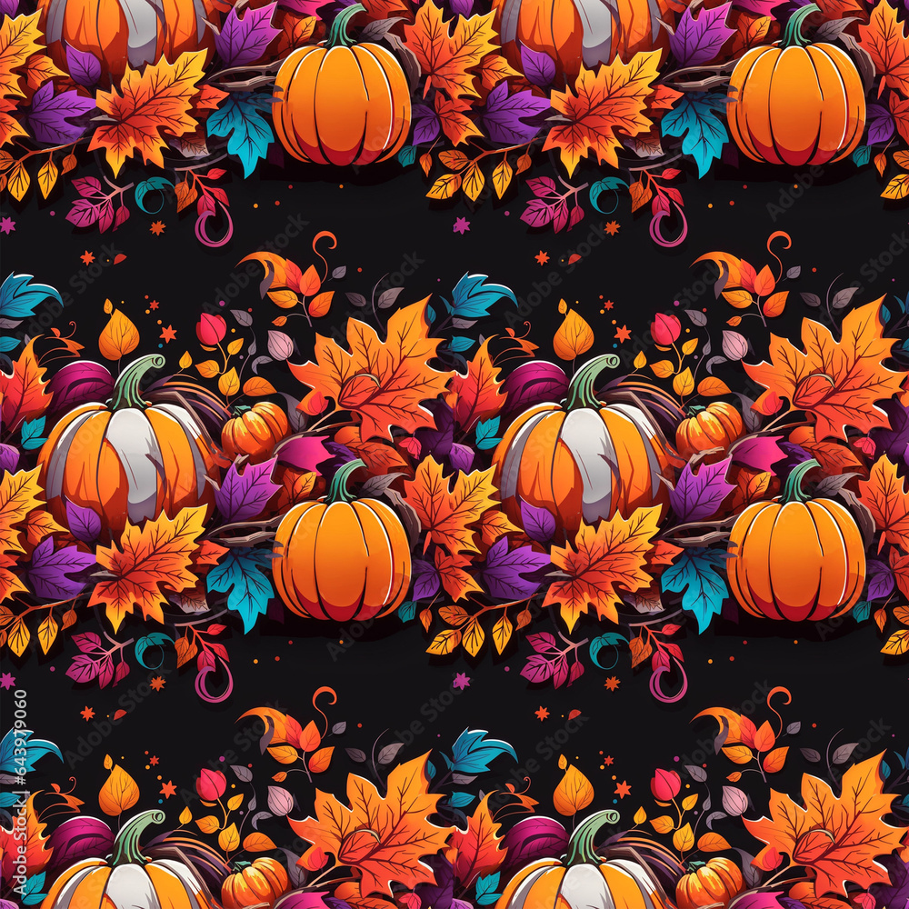 Seamless abstract pattern of colored leaves and pumpkins on a black background. Generative AI.