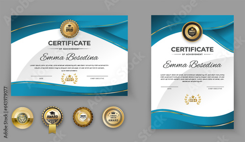 Certificate Blank with turquoise wave design elements., Vector illustration