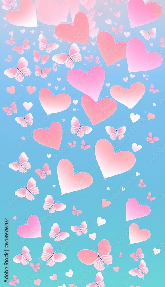 Beautiful butterflies and hearts on a blue background. Romantic vertical wallpaper or background, flat graphics, blue and pink. Generative AI illustration,