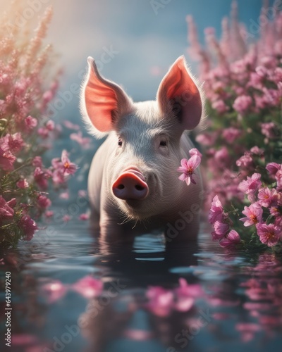 Portrait of an adult pink pig that is standing in water, with large clumps of flowers growing around it