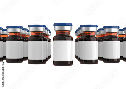 Medicine bottles for injection. Medical brown glass vials with blue caps, liquid solution for infusion isolated on a white background. Blank label mockup. 3d rendering illustration