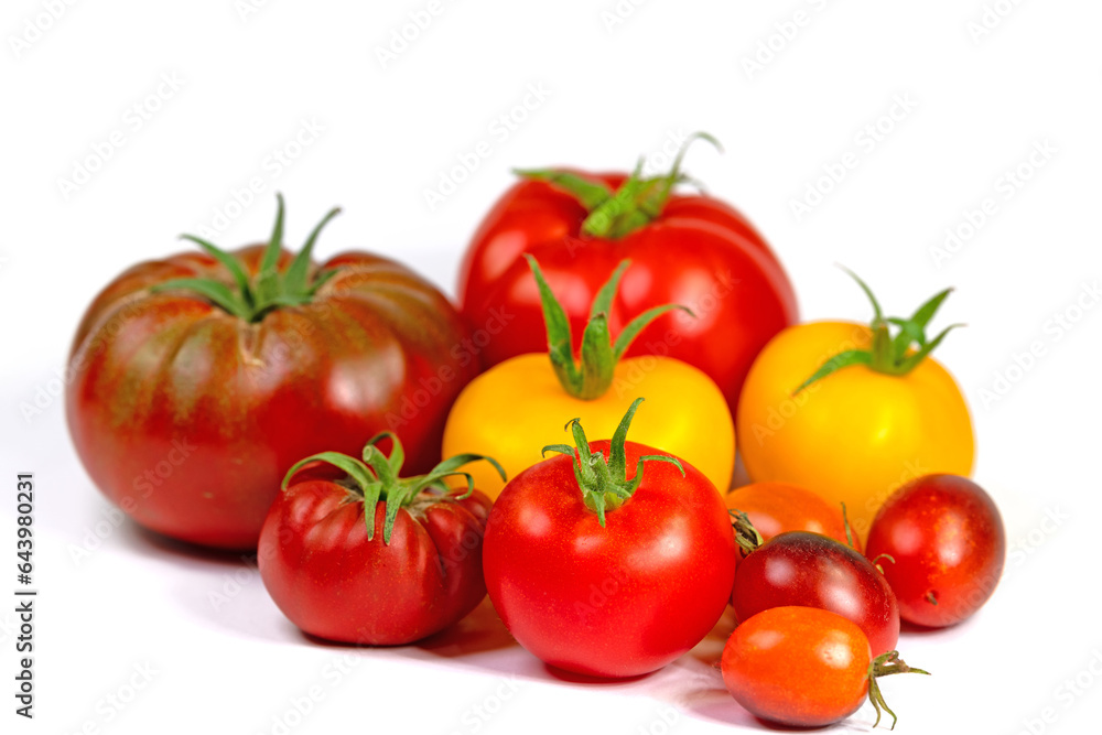 Rote und gelbe Tomaten vor weißem Hintergrund Rote und gelbe Tomaten vor weißem Hintergrund
