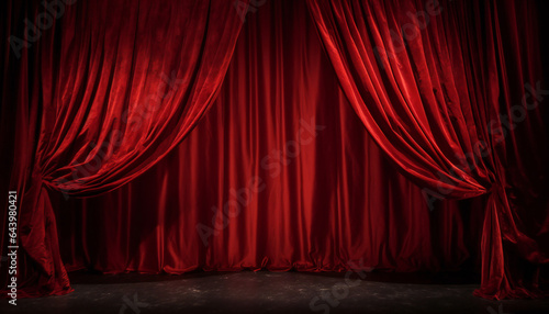 Red curtains of theatre stage show spotlight, background for poster.