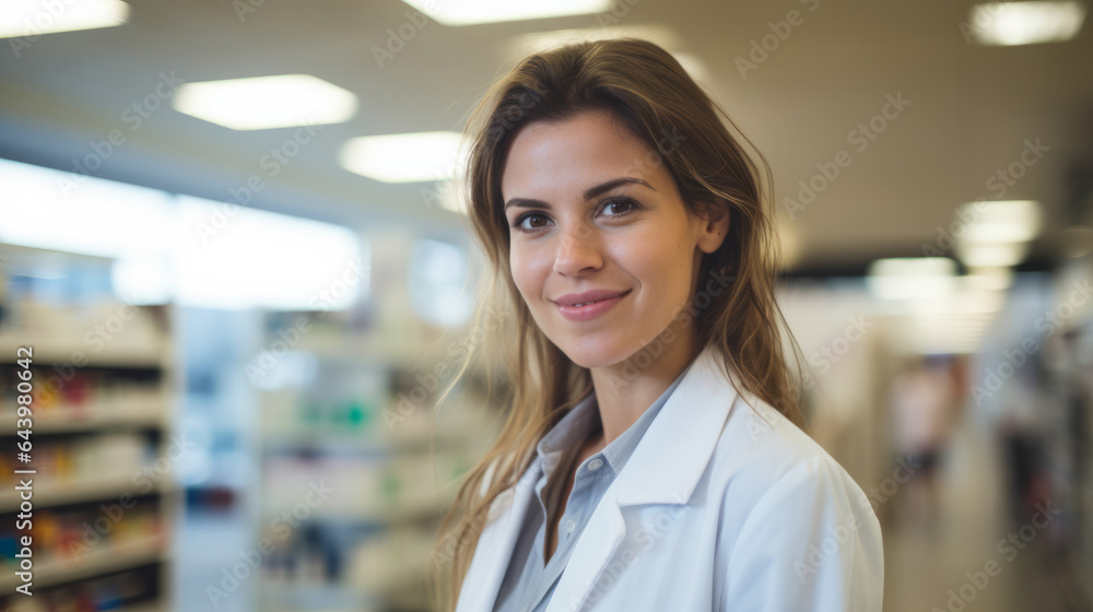 Portrait of a beautiful young caucasian woman pharmacist , female working in a pharmacy or drugstore Portrait of a beautiful young caucasian woman pharmacist , female working in a pharmacy or drugstore