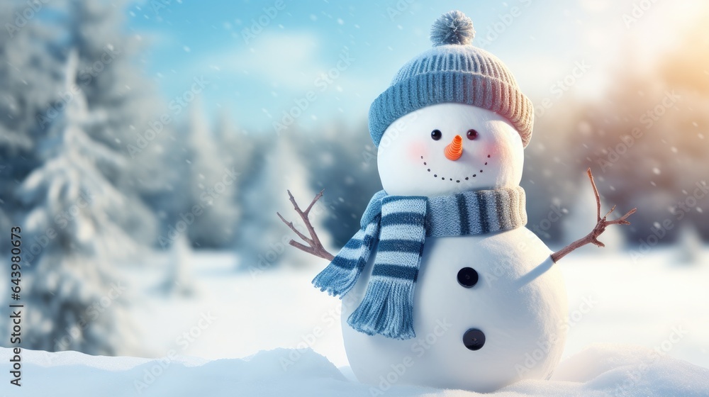 Fototapeta premium Happy snowman on snowy in winter for merry christmas and happy new year card concept with copy space. Generative Ai