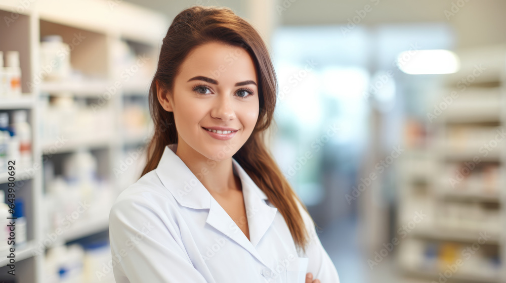 Portrait of a beautiful young caucasian woman pharmacist , female working in a pharmacy or drugstore