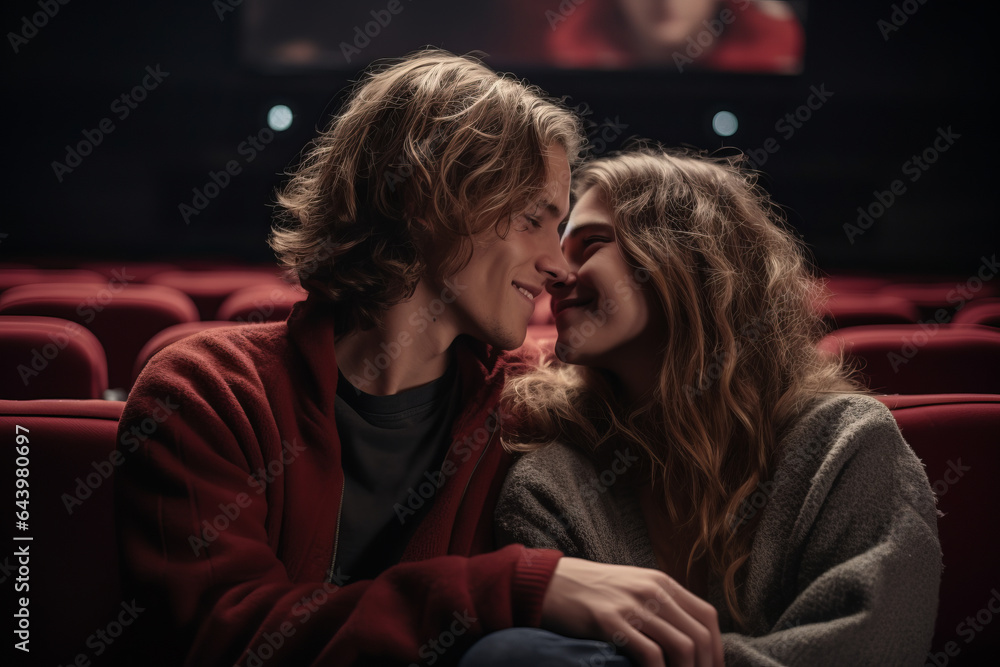 Φωτογραφία Teenagers girl and boy first date night in a movie theatre , young people dating