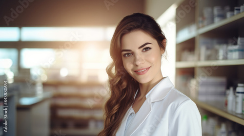 Portrait of a beautiful young caucasian woman pharmacist   female working in a pharmacy or drugstore
