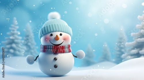 Happy snowman on snowy in winter for merry christmas and happy new year card concept with copy space. Generative Ai © Areerat