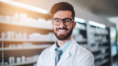Portrait of an handsome young caucasian man pharmacist , male working in a pharmacy or drugstore