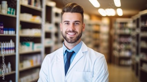 Portrait of an handsome young caucasian man pharmacist , male working in a pharmacy or drugstore