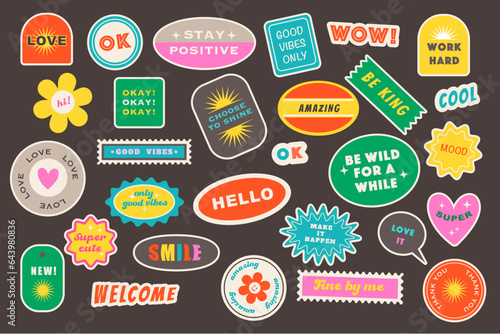Trendy retro sticker pack with creative lettering design and decoration vector illustration