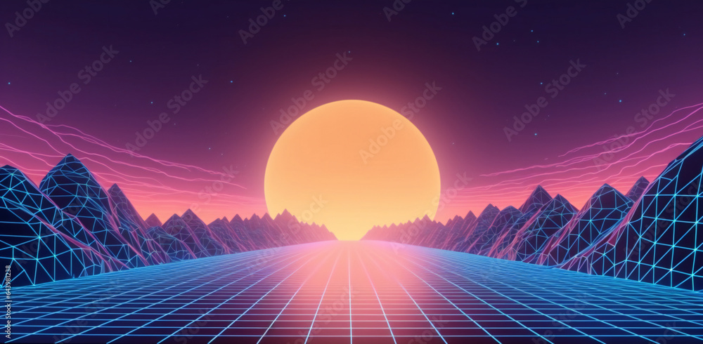 80s style sci-fi, purple background with sunset behind black and grey mountains. futuristic illustration or poster template