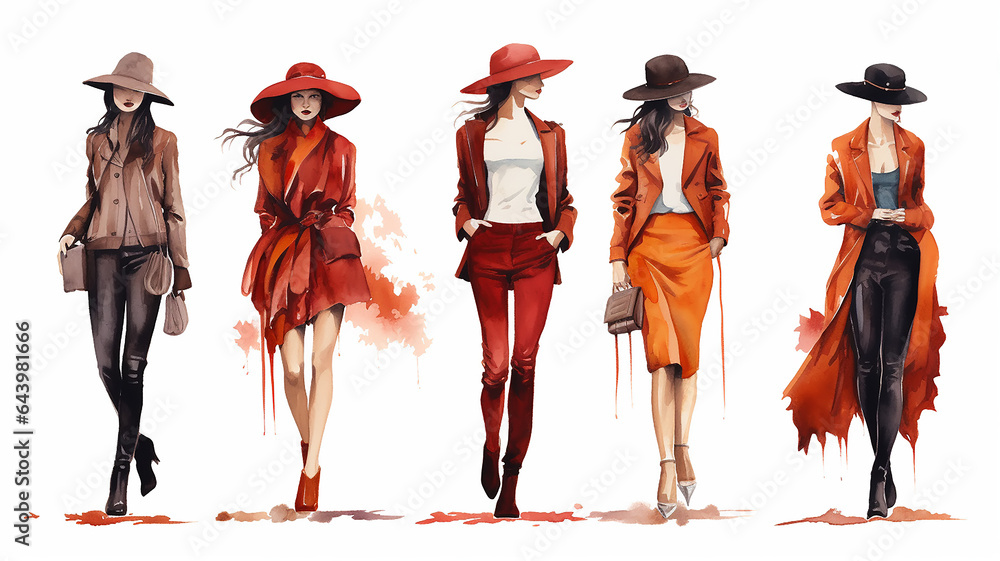 autumn fashion clothes, a group of models of girls, in october look, watercolor on a white background drawing, models in a row - obrazy, fototapety, plakaty 