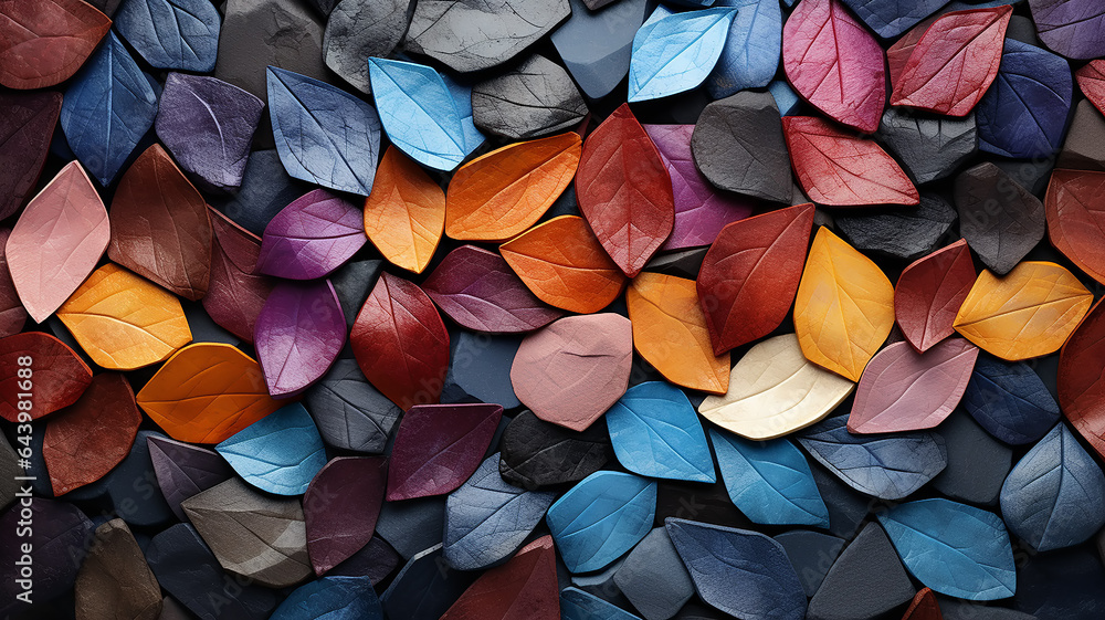texture multicolored fallen leaves spectrum tiles, abstract bright autumn background leaf fall - obrazy, fototapety, plakaty 
